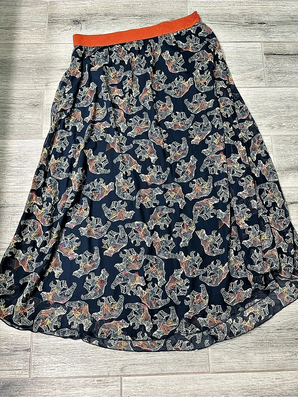 LuLaRoe Lucy Maxi Skirt Women's Blue & Orange Geometric Bear Print